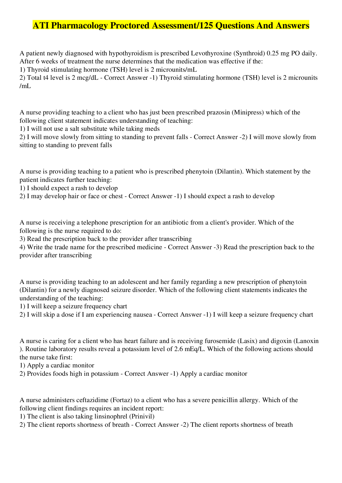 Preview image for ATI Pharmacology Proctored Assessment/125 Questions And Answers